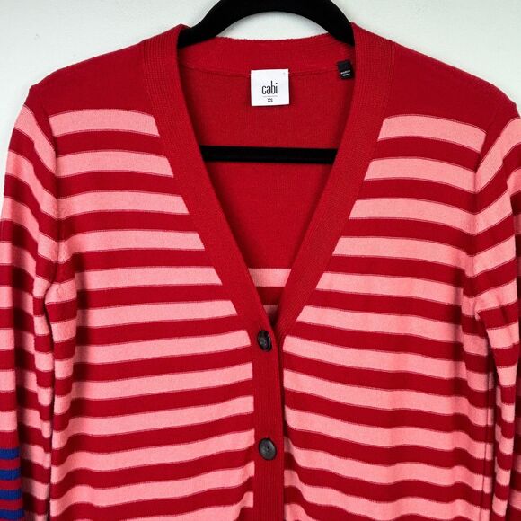 Cabi Picnic Cardigan Button Front Knit Cotton Red Pink Blue Striped Long Slv XS - Picture 4 of 14